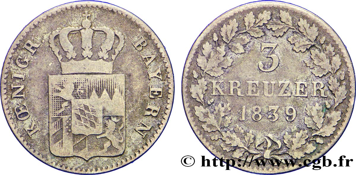 GERMANIA - BAVIERIA 3 Kreuzer écu bavarois 1839 Munich q.BB 
