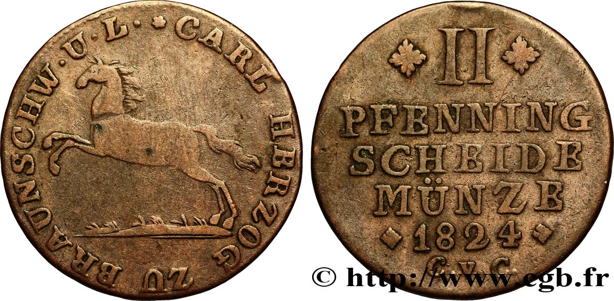 ALEMANIA - WOLFENBUTTEL 2 Pfennige frappe au nom de Charles III de Brunswick-Wolfenbüttel type au cheval bondissant 1824  BC 
