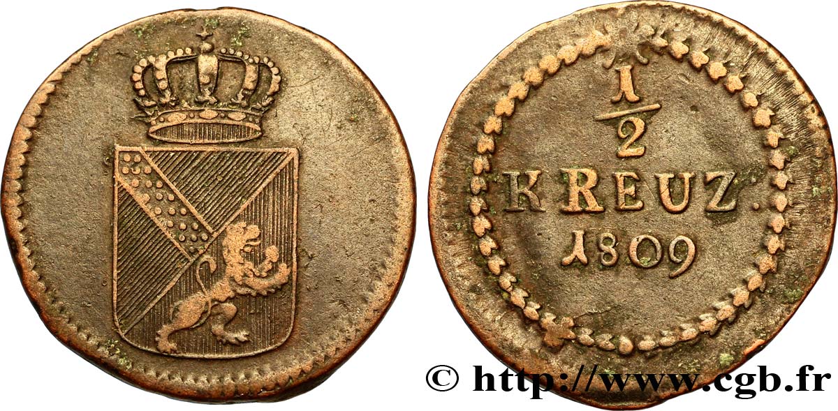 GERMANY - BADEN 1/2 Kreuzer Grand-Duché de Bade 1809 Mannheim VF 