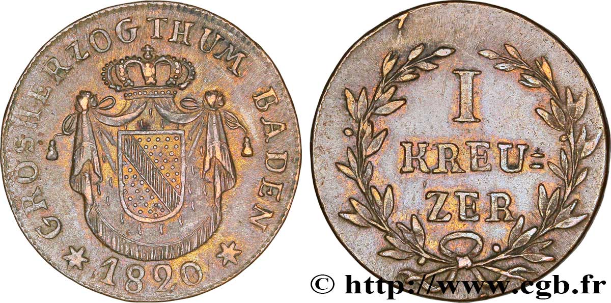GERMANIA - BADEN 1 Kreuzer Grand-Duché de Bade manteau d’armes couronné 1820 Mannheim q.SPL 