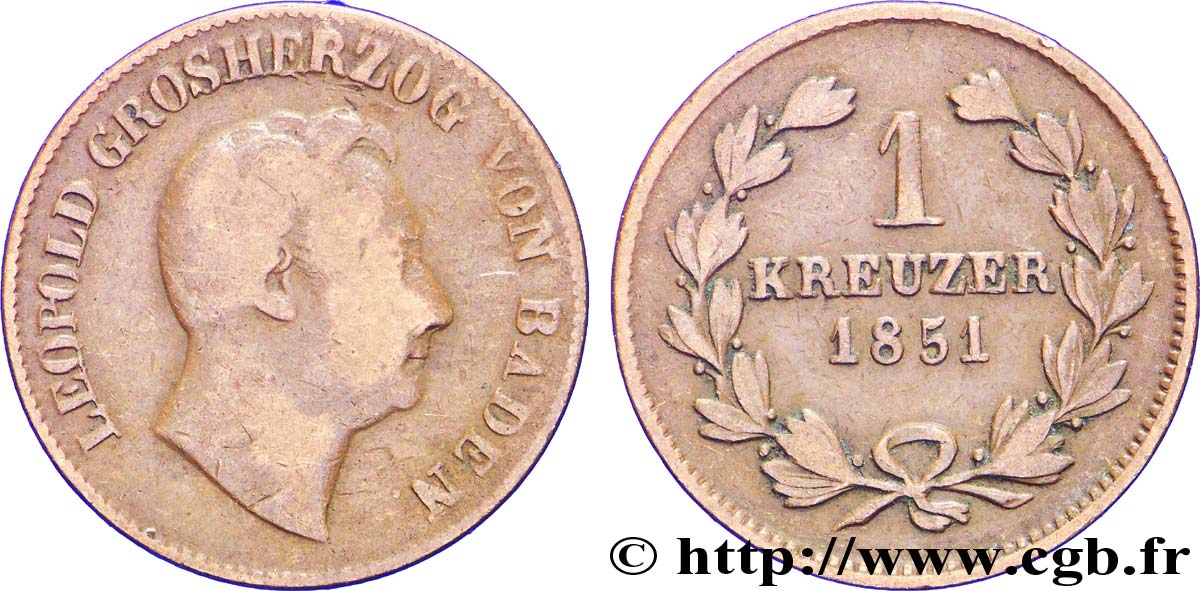 GERMANIA - BADEN 1 Kreuzer Léopold Grand-Duc de Bade 1851  MB 