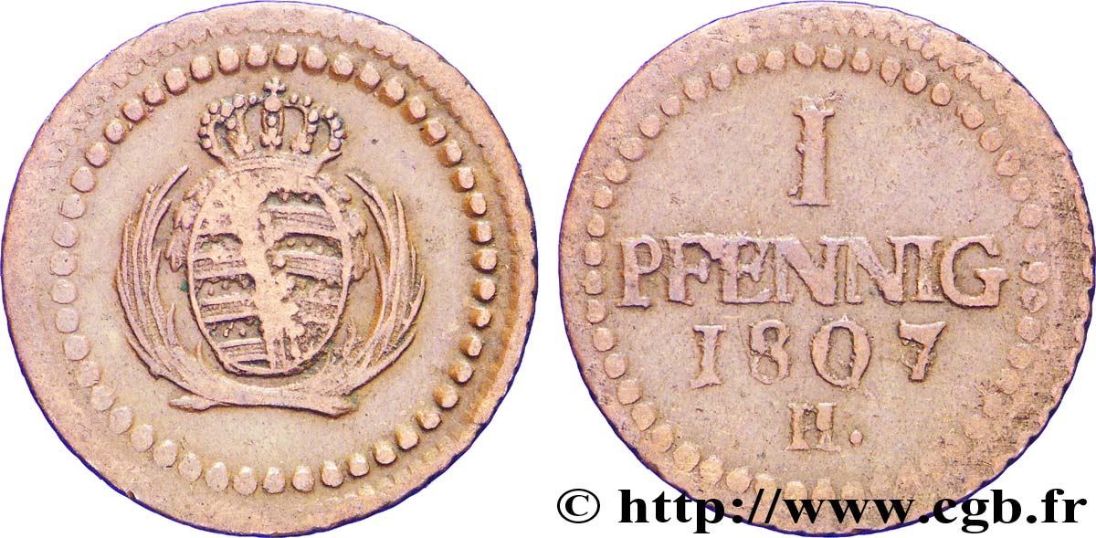 ALEMANIA - SAJONIA 1 Pfennig Royaume de Saxe 1807 Grünthal BC+ 