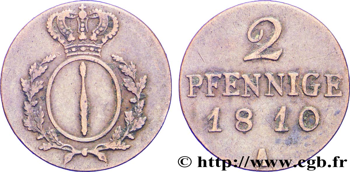 GERMANIA - PRUSSIA 2 Pfennige Royaume de Prusse / écu couronné 1810 Berlin q.BB 