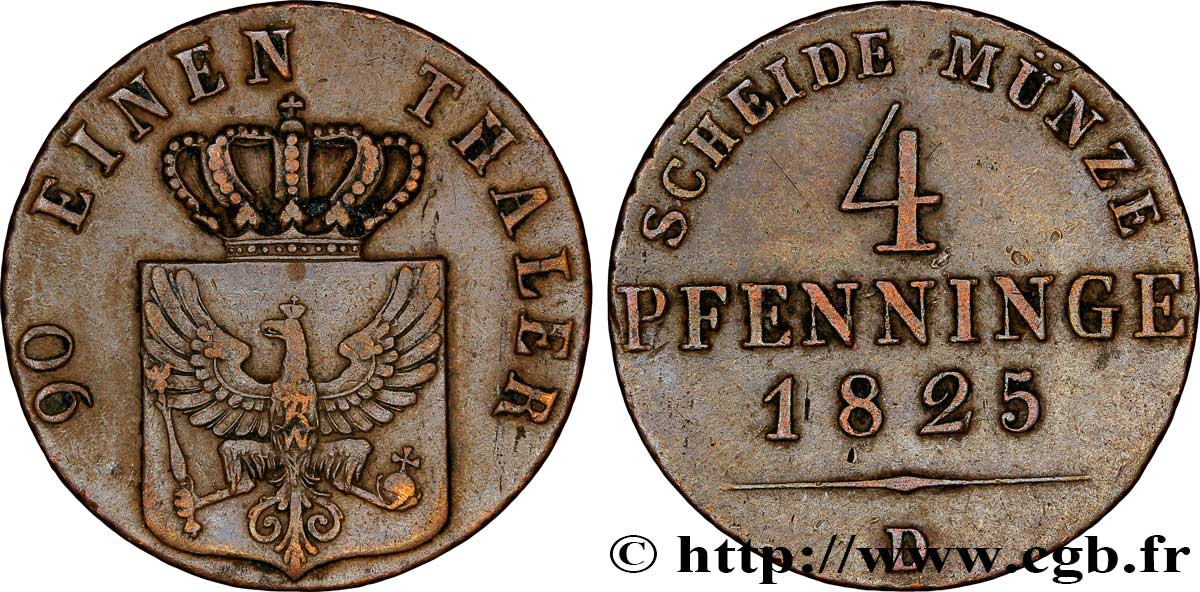 ALEMANIA - PRUSIA 4 Pfenninge Royaume de Prusse écu à l’aigle 1825 Düsseldorf - D MBC 