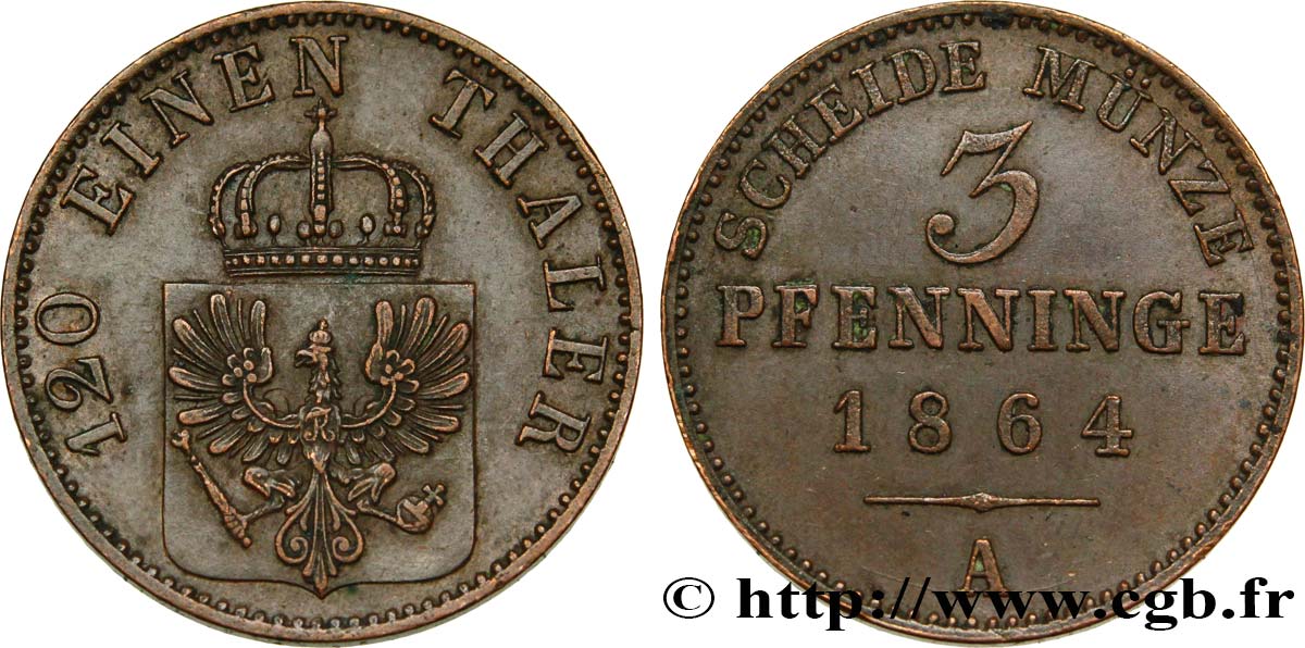 ALEMANIA - PRUSIA 3 Pfenninge 1864 Berlin EBC 