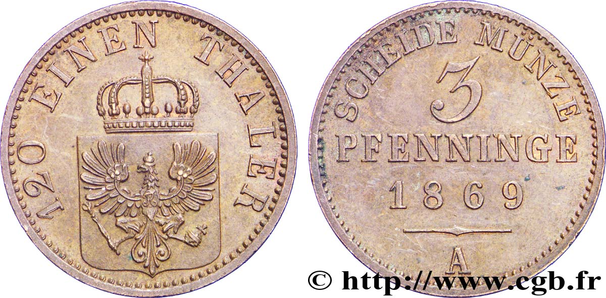ALEMANIA - PRUSIA 3 Pfenninge Royaume de Prusse écu à l’aigle 1869 Berlin EBC 