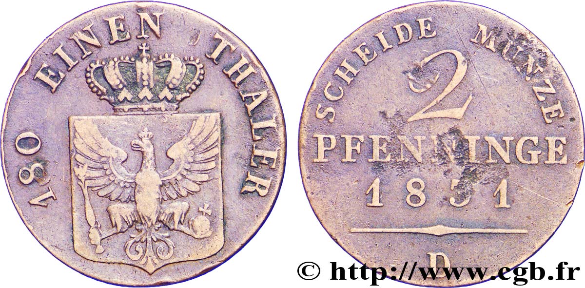 ALEMANIA - PRUSIA 2 Pfenninge Royaume de Prusse écu à l’aigle 1831 Düsseldorf - D BC+ 