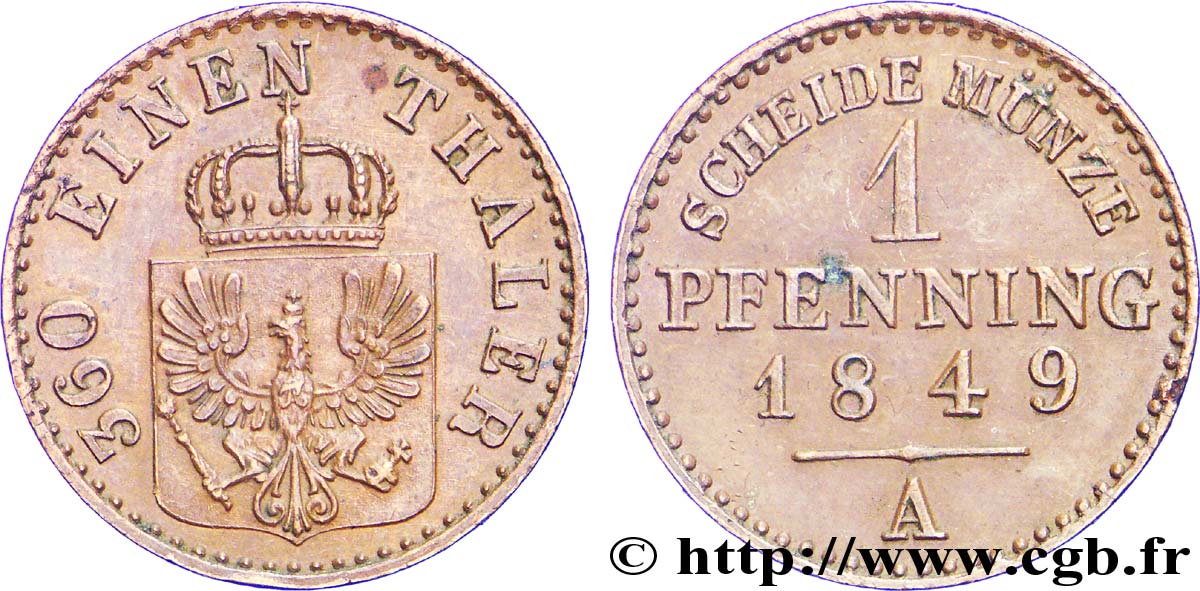 ALEMANIA - PRUSIA 1 Pfenninge Royaume de Prusse écu à l’aigle 1849 Berlin EBC 