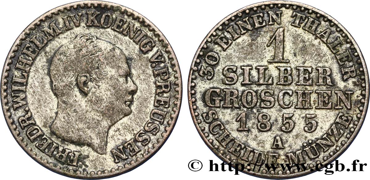 GERMANIA - PRUSSIA 1 Silbergroschen Royaume de Prusse Frédéric-Guillaume IV 1855 Berlin q.BB 