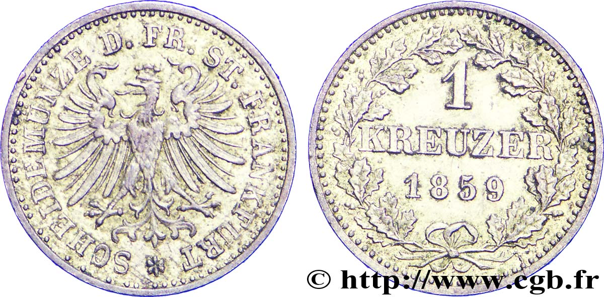 GERMANY - FRANKFURT FREE CITY 1 Kreuzer Ville libre de Francfort :  aigle 1859 Francfort AU 