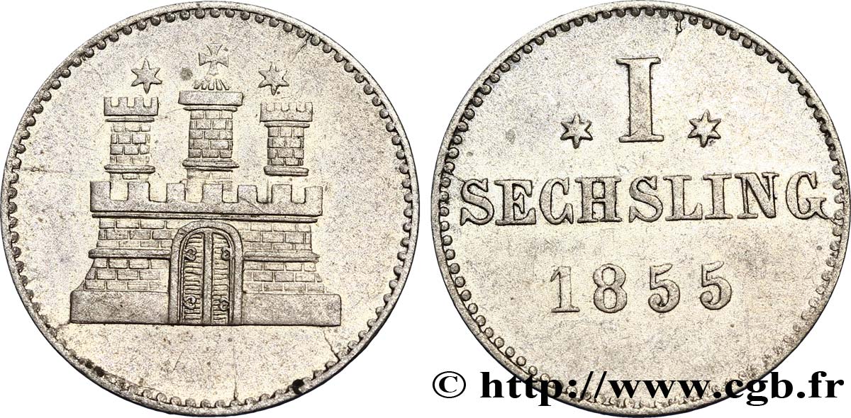 ALEMANIA - CIUDAD LIBRE DE HAMBURGO 1 Sechsling Ville de Hambourg emblème 1855  EBC 
