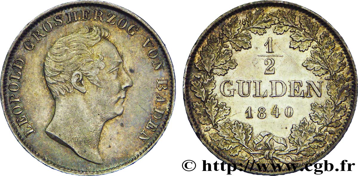 ALLEMAGNE - BADE 1/2 Gulden Léopold Grand-Duc de Bade 1840 Karlsruhe SUP 