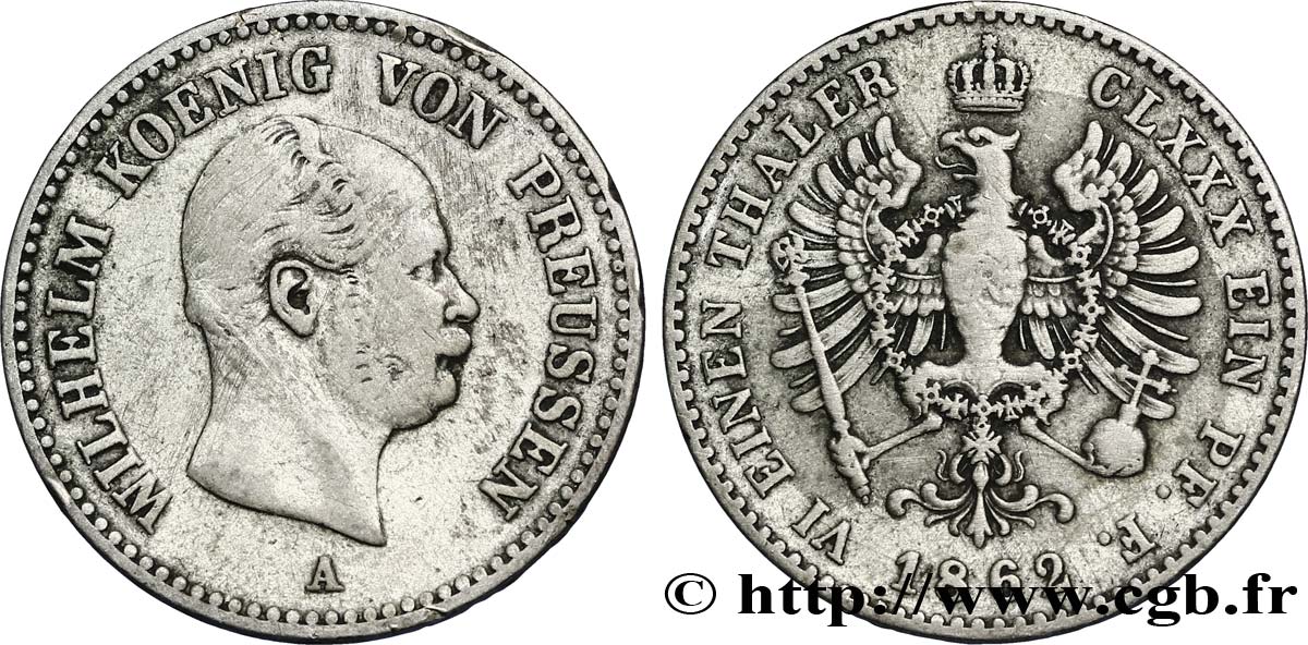 ALEMANIA - PRUSIA 1/6 Thaler Guillaume roi de Prusse / aigle couronné 1862 Berlin BC+ 