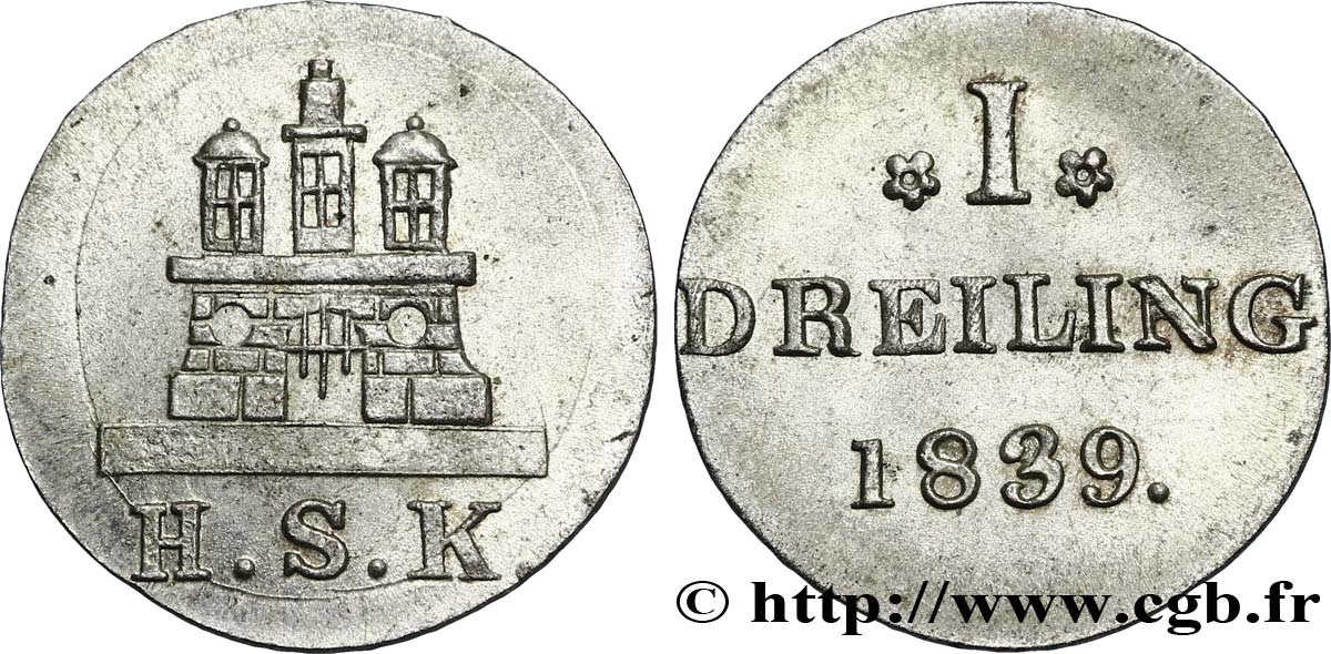 ALEMANIA - CIUDAD LIBRE DE HAMBURGO 1 Dreiling Ville de Hambourg emblème 1839  EBC 