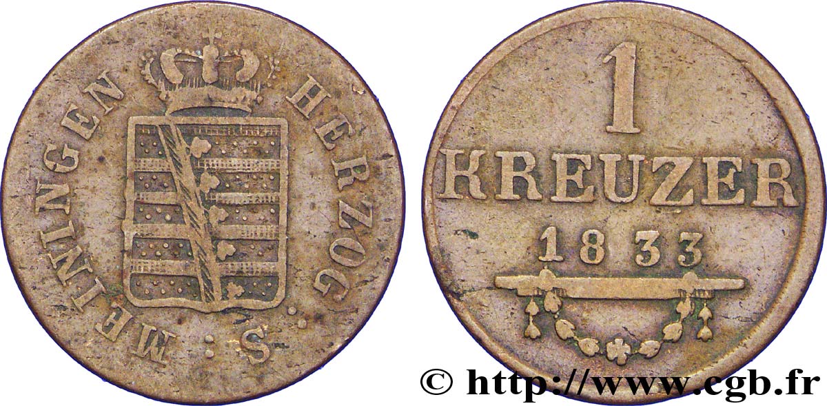 ALEMANIA - SAJONIA-MEININGEN 1 Kreuzer Duché de Saxe-Meiningen, blason 1833  BC 