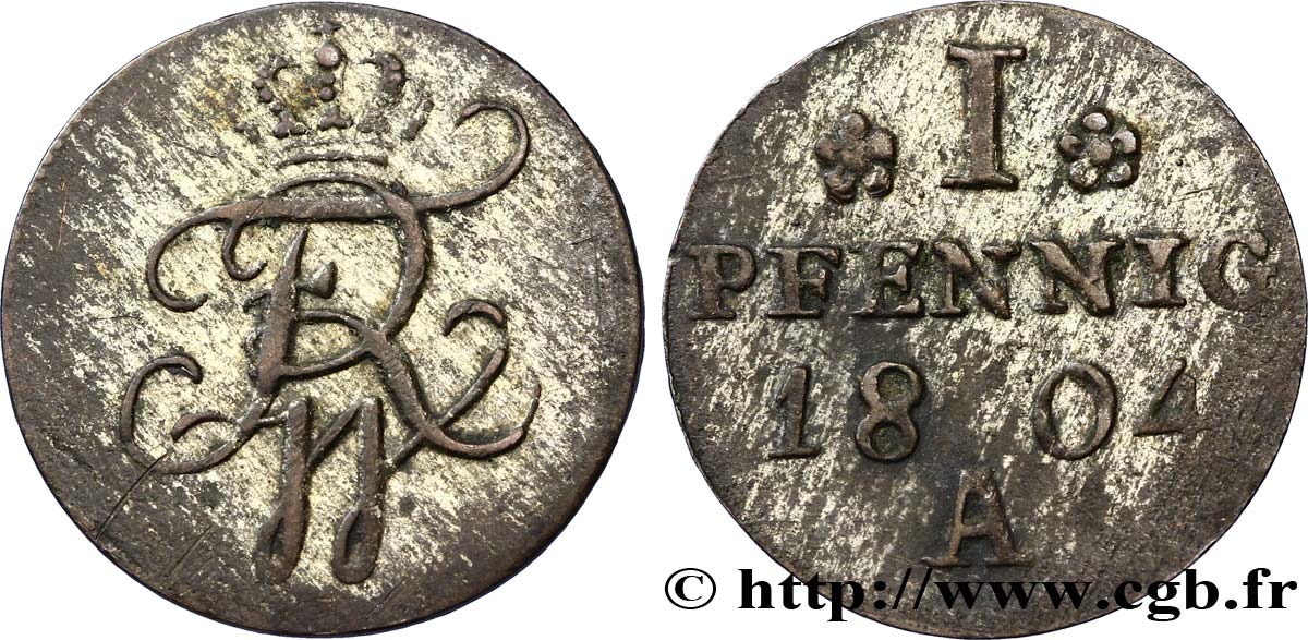 GERMANY - PRUSSIA 1 Pfennig Royaume de Prusse, monogramme de Frédéric Guillaume 1804 Berlin XF 