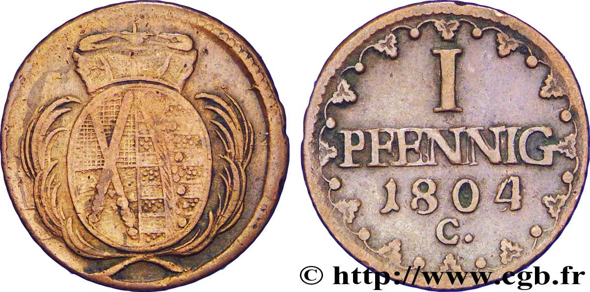 ALEMANIA - SAJONIA 1 Pfennig Duché de Saxe armes couronnées 1804 Dresde BC+ 
