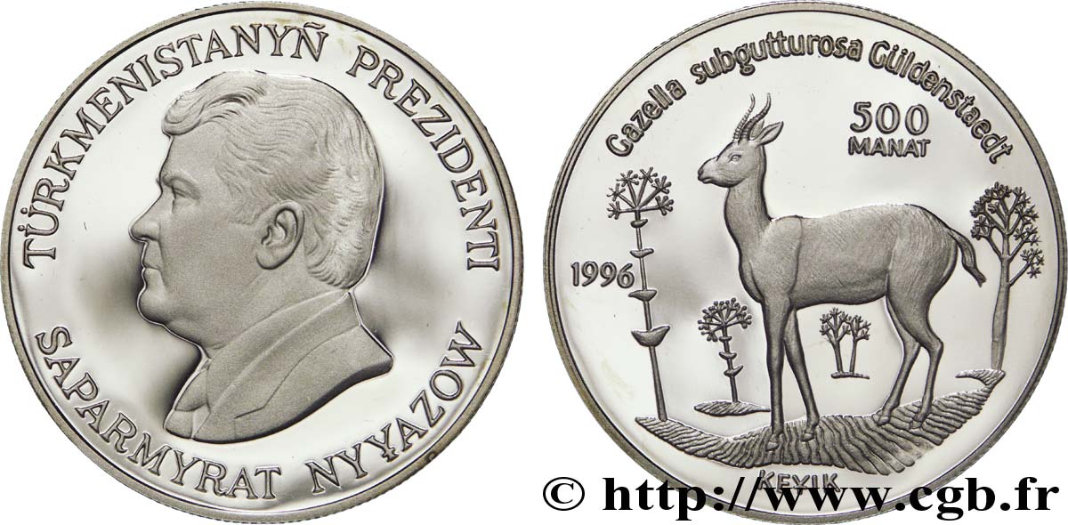 TURKMENISTáN 500 Manat BE (proof) Série Protection de la faune en danger : Président Sparmyrat Nyyazov / gazelle à goitre 1996 British Royal Mint SC 
