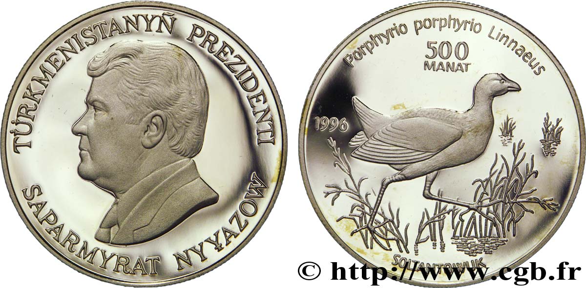 TURKMENISTáN 500 Manat BE (proof) Série Protection de la faune en danger : Président Sparmyrat Nyyazov / talève sultane 1996 British Royal Mint SC 
