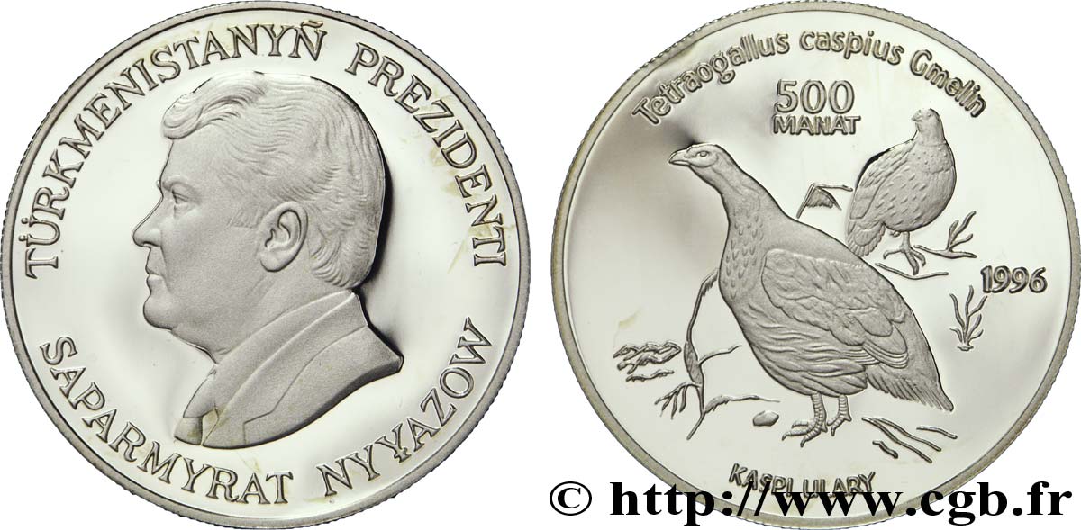 TURKMENISTáN 500 Manat BE (proof) Série Protection de la faune en danger : Président Sparmyrat Nyyazov / tétraogalle de Perse 1996 British Royal Mint SC 