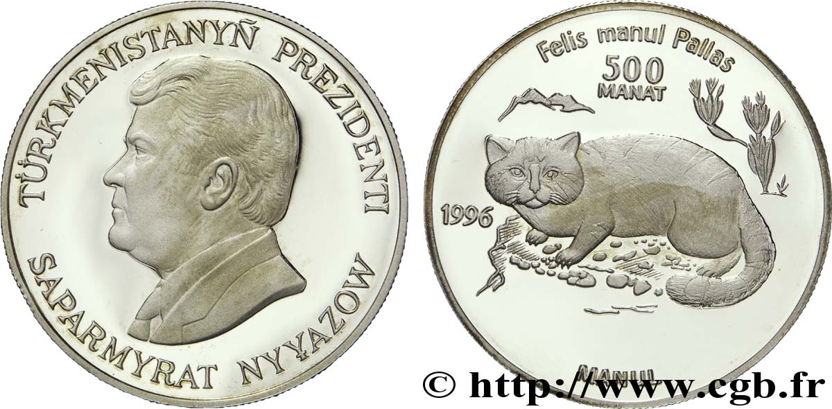 TURKMENISTáN 500 Manat BE (proof) Série Protection de la faune en danger : Président Sparmyrat Nyyazov / chat de Pallas 1996 British Royal Mint SC 