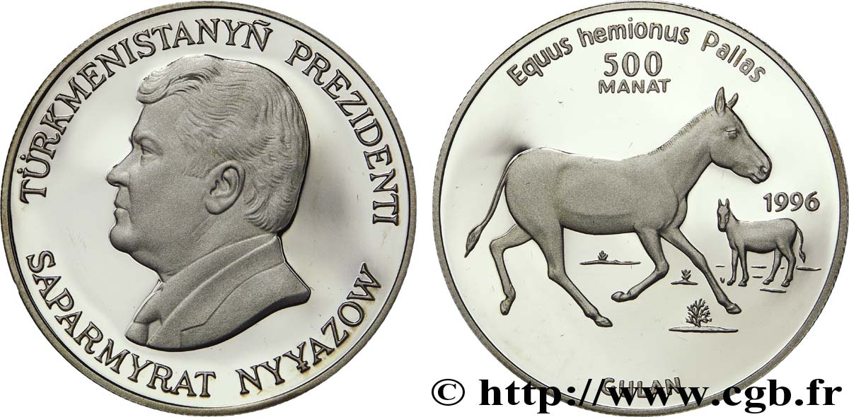 TURKMENISTáN 500 Manat BE (proof) Série Protection de la faune en danger : Président Sparmyrat Nyyazov / âne sauvage d’Asie 1996 British Royal Mint SC 