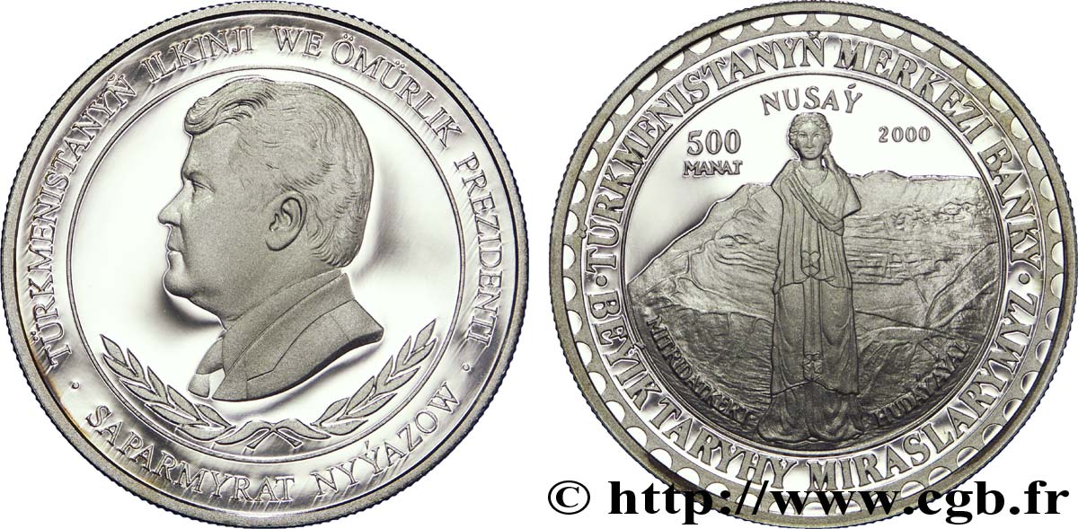 TURKMENISTáN 500 Manat BE (proof) la forteresse de Nisa : Président Sparmyrat Nyyazov / statue et vue aérienne 2000 British Royal Mint FDC 