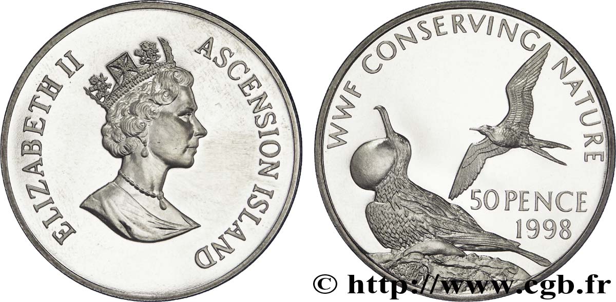 ASCENSIONE 50 Pence Conservation de la Nature WWF : Elizabeth II / frégates 1998  MS 