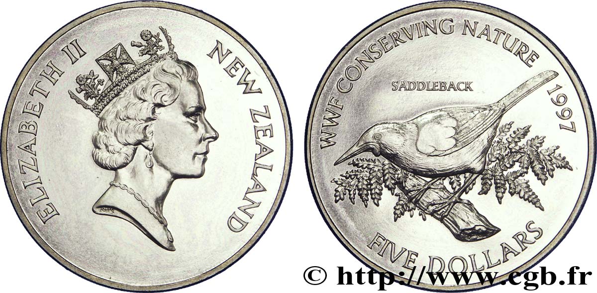 NUOVA ZELANDA
 5 Dollars COnservation de la Nature WWF : Elisabeth II / créadion rounoir 1997  MS 
