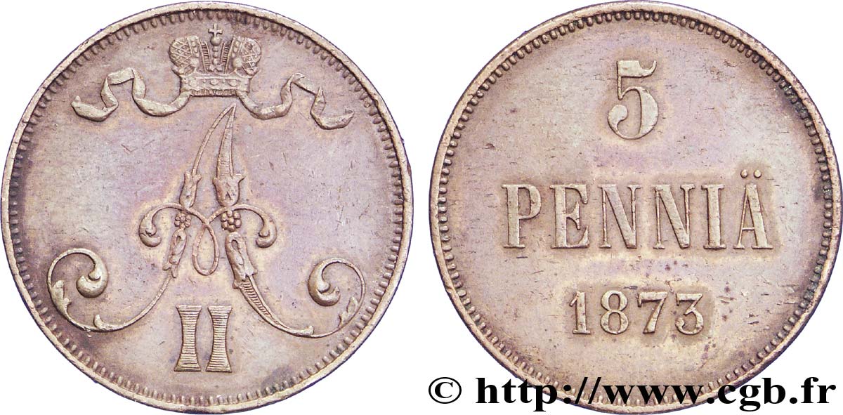 FINLANDIA 5 Pennia monogramme Tsar Alexandre III 1873  SPL 