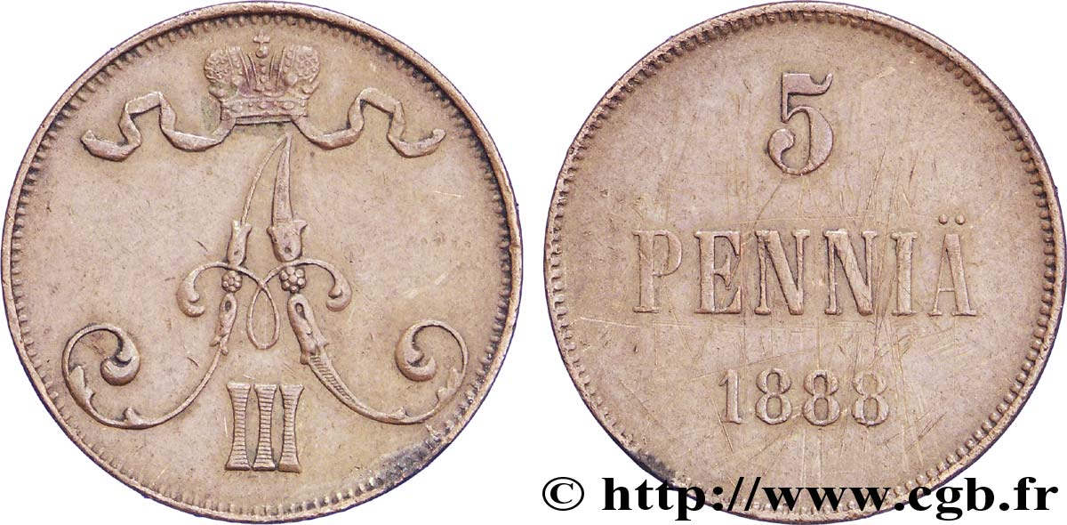 FINNLAND 5 Pennia monogramme Tsar Alexandre III 1888  fVZ 