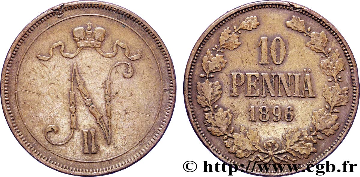 FINLANDIA 10 Pennia monogramme Tsar Nicolas II 1896  BC+ 