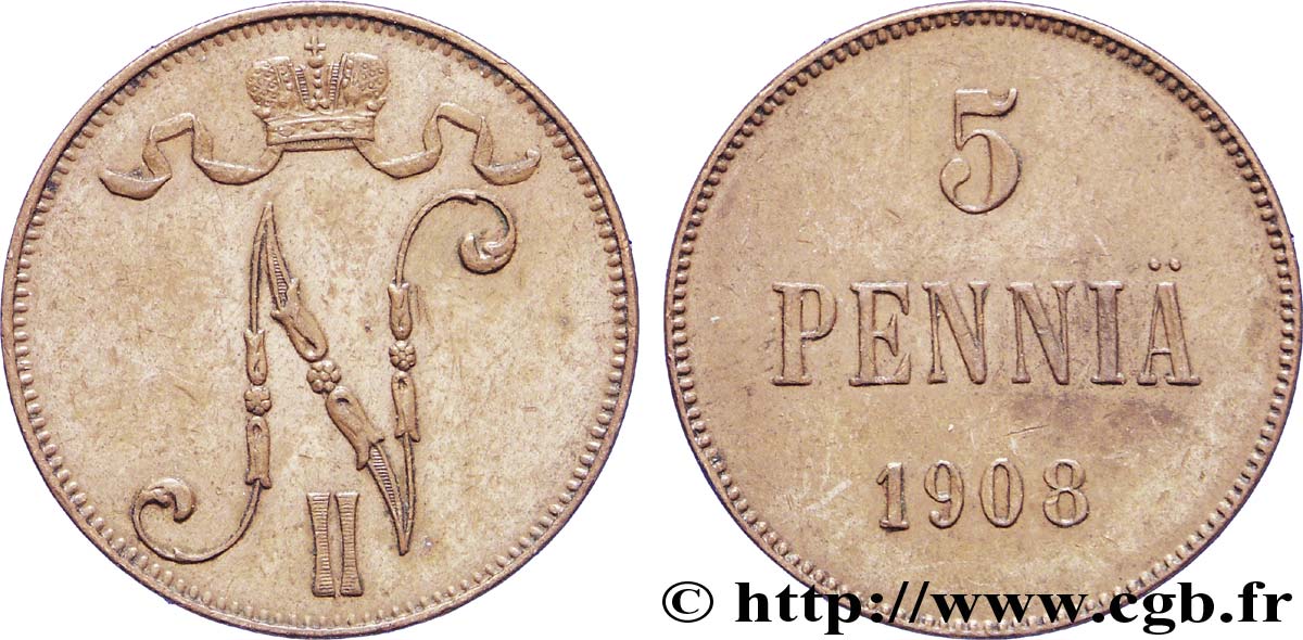 FINLANDIA 5 Pennia monogramme Tsar Nicolas II 1908  EBC 