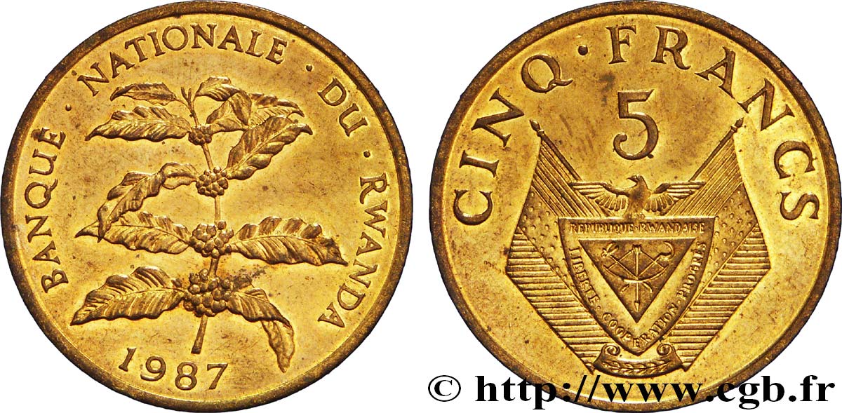 RWANDA 5 Francs emblème / caféier 1987  SUP 