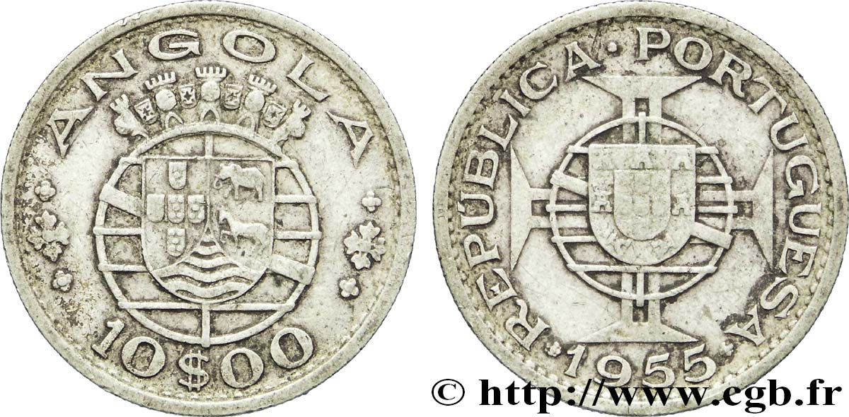 ANGOLA 10 Escudos emblème du Portugal 1955  XF 