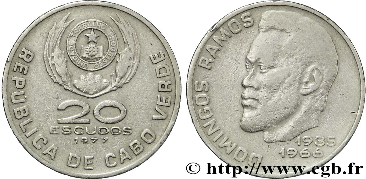 CABO VERDE 20 Escudos emblème / Ramos Domingo 1977  BC 