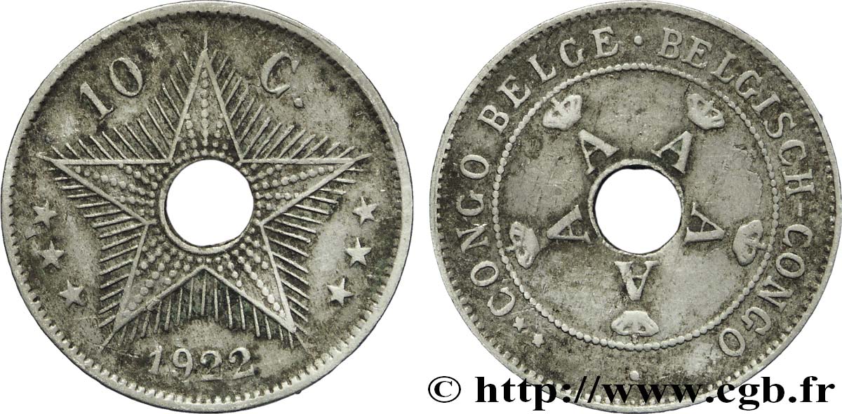 BELGA CONGO 10 Centimes monogrammes du roi Albert 1922  BC+ 
