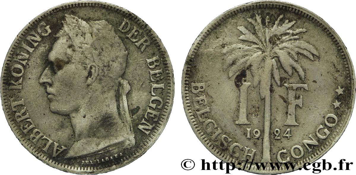 BELGISCH-KONGO 1 Franc roi Albert légende flamande 1924  S 