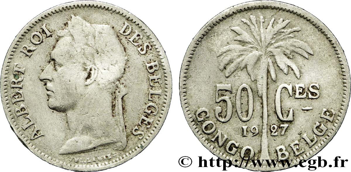 BELGIAN CONGO 50 Centimes roi Albert  légende française 1927  VF 