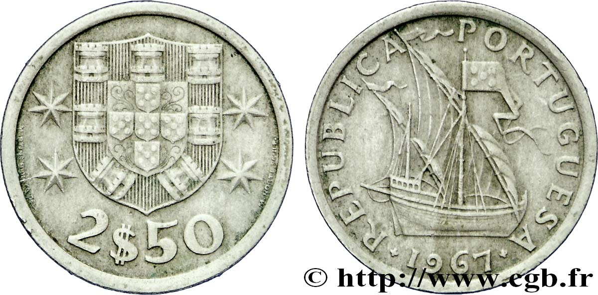 PORTUGAL 2 1/2 Escudos emblème / voilier 1967  MBC+ 