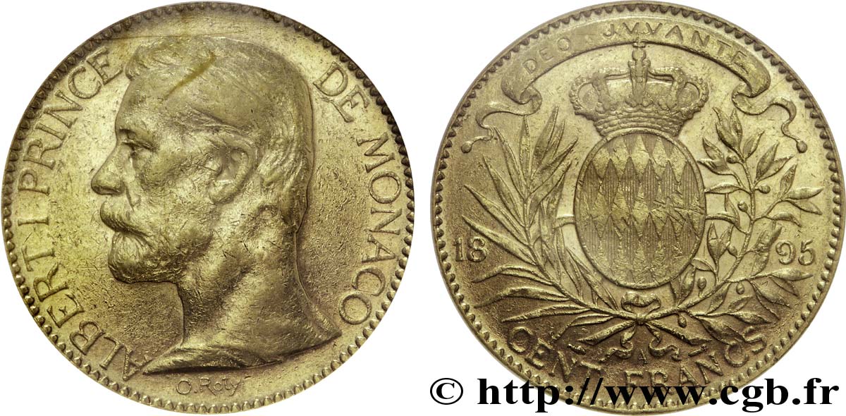 MONACO 100 Francs or Albert Ier / écu couronné 1895 Paris XF 