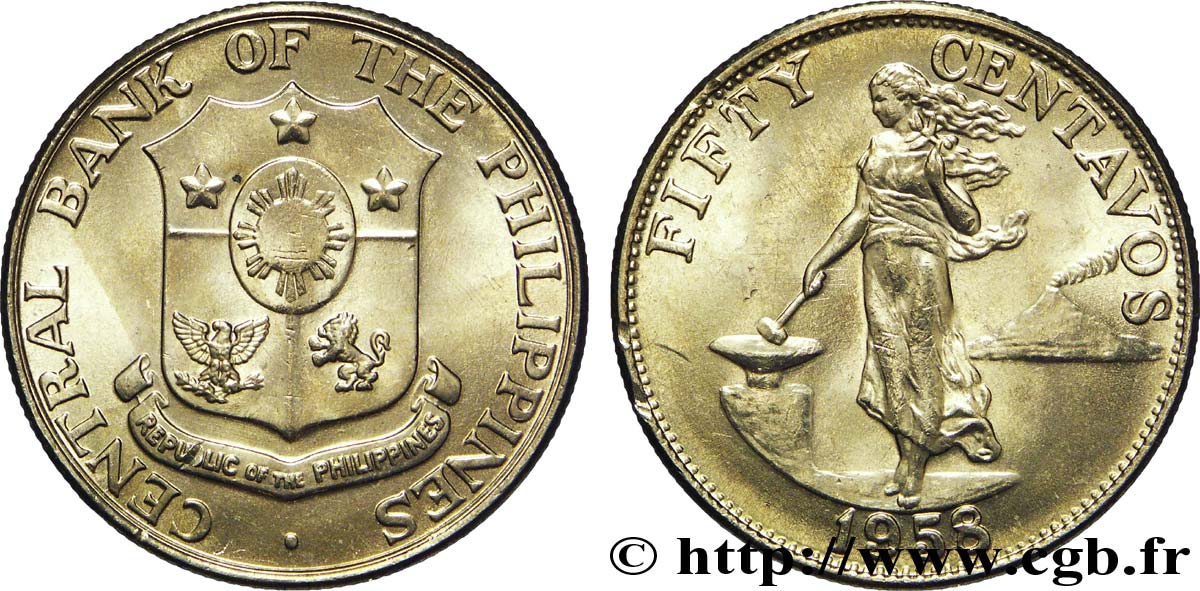 PHILIPPINEN 50 Centavos emblème / femme au marteau et à l’enclume 1958  VZ 