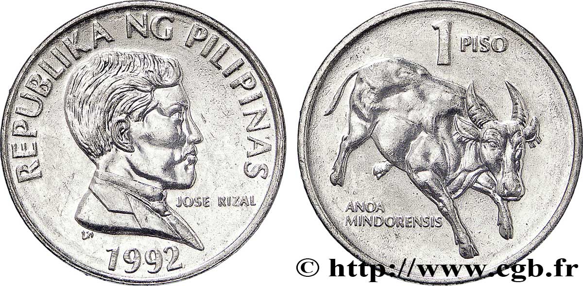 FILIPPINE 1 Piso Jose Rizal / buffle nain de Mindano (anoa mindarensis) 1992  MS 