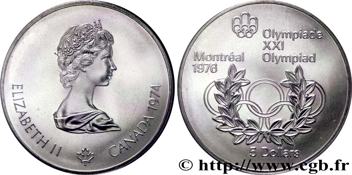 KANADA 5 Dollars JO Montréal 1976 anneaux olympiques / Elisabeth II 1974  ST 