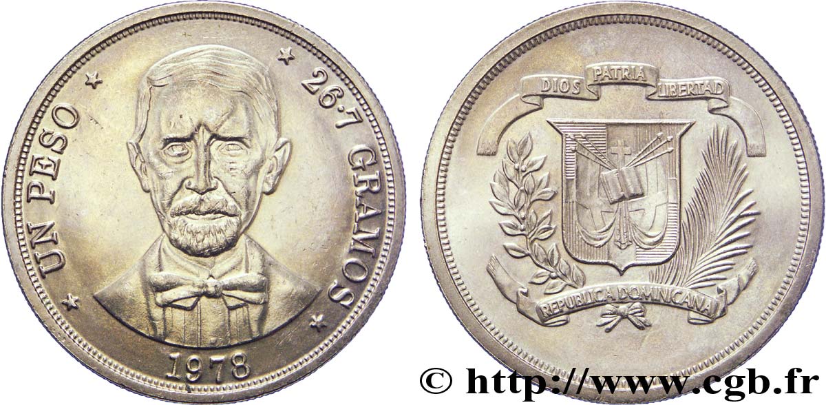 DOMINICAN REPUBLIC 1 Peso emblème / Juan Pablo Duarte 1978  AU 