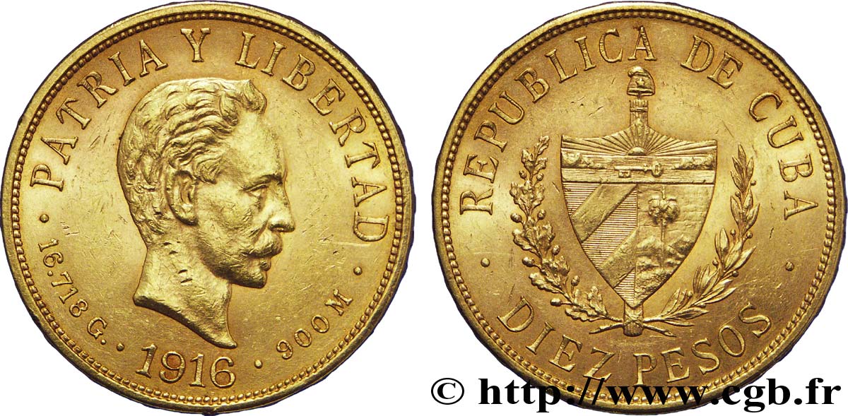 KUBA 10 Pesos OR emblème de la République / José Marti 1916 Philadelphie VZ 