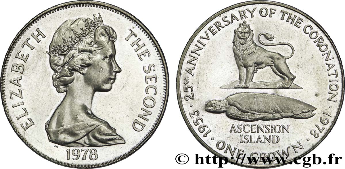 ASCENSIONE 1 Crown 25e anniversaire du couronnement : Elizabeth II / lion anglais et tortue marine 1978  SPL 