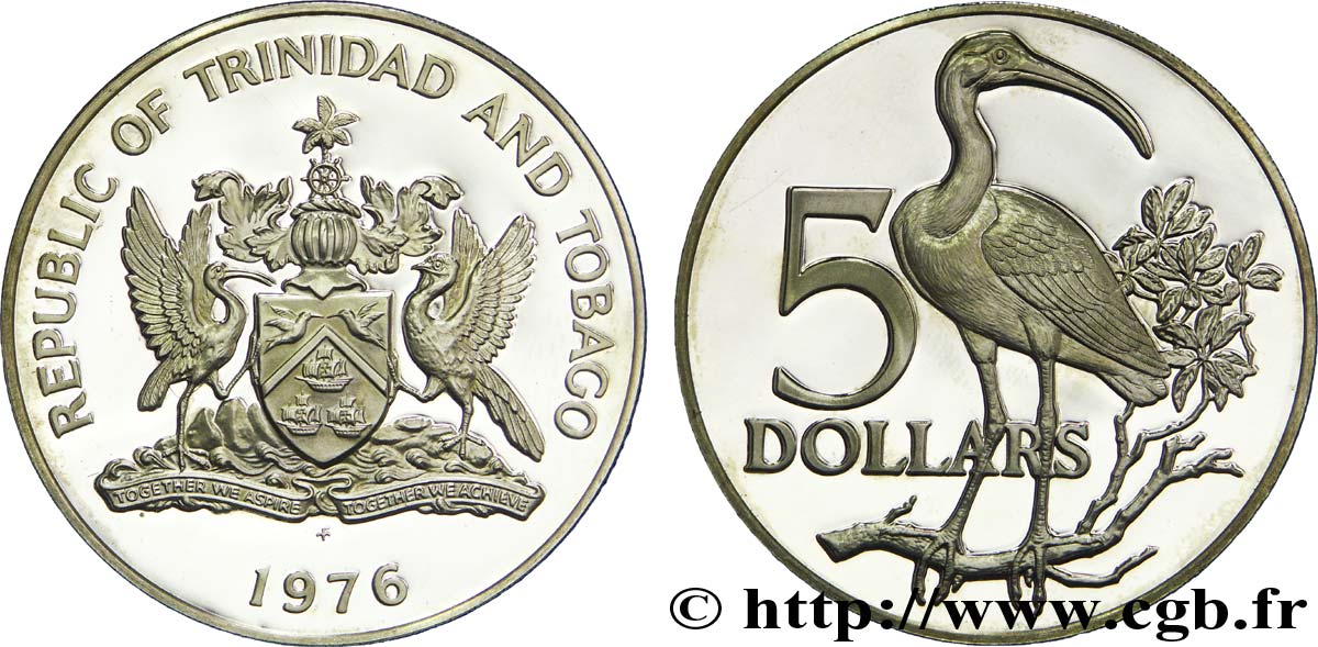 TRINIDAD Y TOBAGO 5 Dollars Proof Ibis 1976  SC 