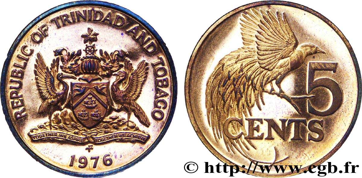 TRINIDAD UND TOBAGO 5 Cents emblème / oiseau de paradis 1976  fST 