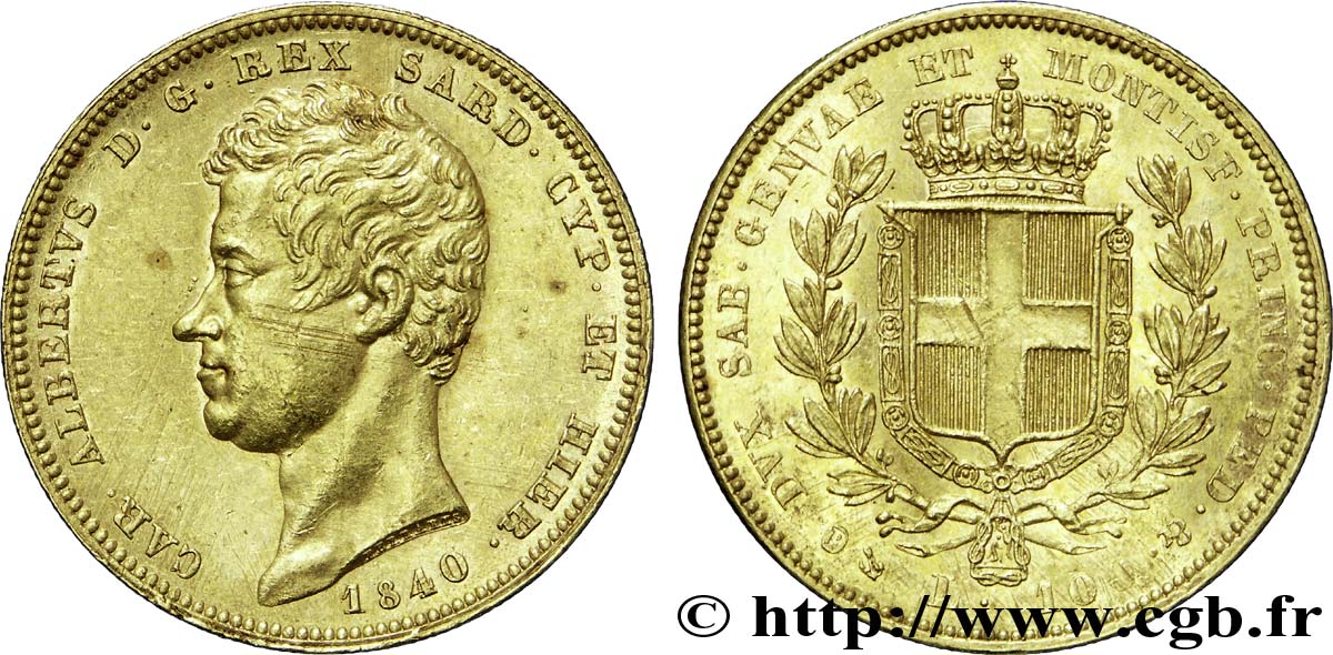 ITALIE - ROYAUME DE SARDAIGNE 100 Lire or Charles-Albert roi de Sardaigne / écu de Savoie 1848 Turin TTB 